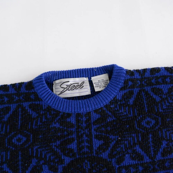 Vintage Steel Black & Blue Aztec Chunky Knit Crewneck Sweater Xl - Picture 8 of 12
